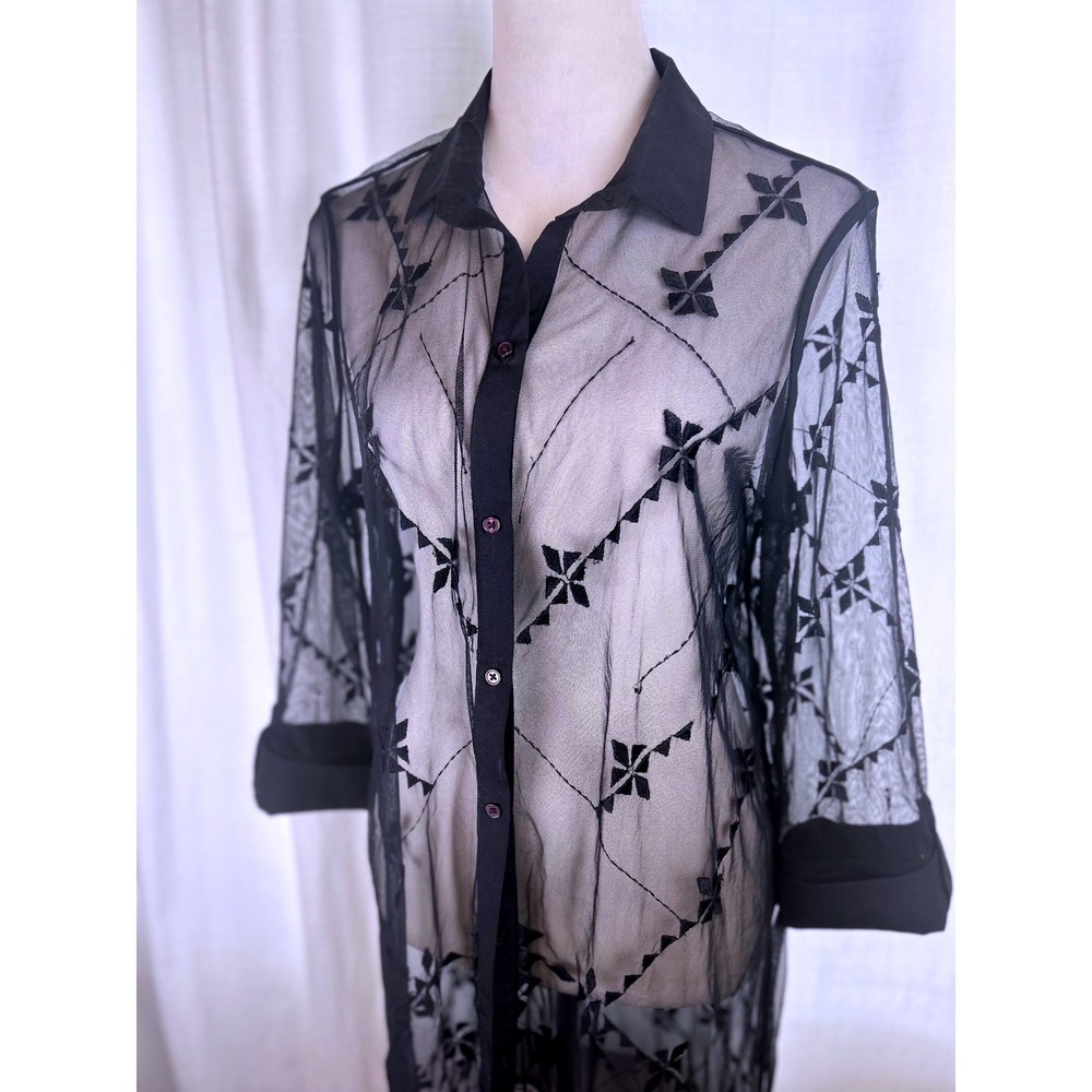 Chicos Women's Sheer Mesh Geometric Embroidered Black Duster/Kimono Sz Large